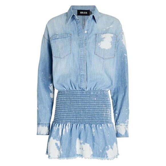 NWT SER.O.YA Monica bleached splashed denim mini dress with smocked waist, L - Picture 11 of 16